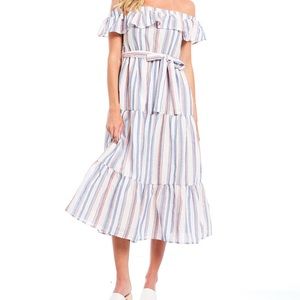 Off the shoulder, striped midi dress